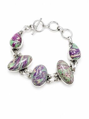 Sterling Silver 925 Statement Bracelet Pink Green Marbled Stone Toggle Chunky